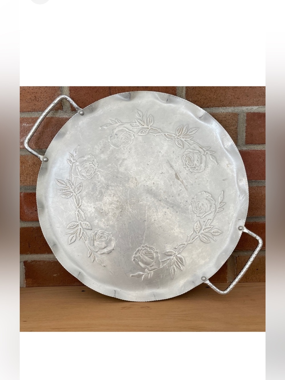 Vintage made in Canada silver plated aluminum floral serving platter.
